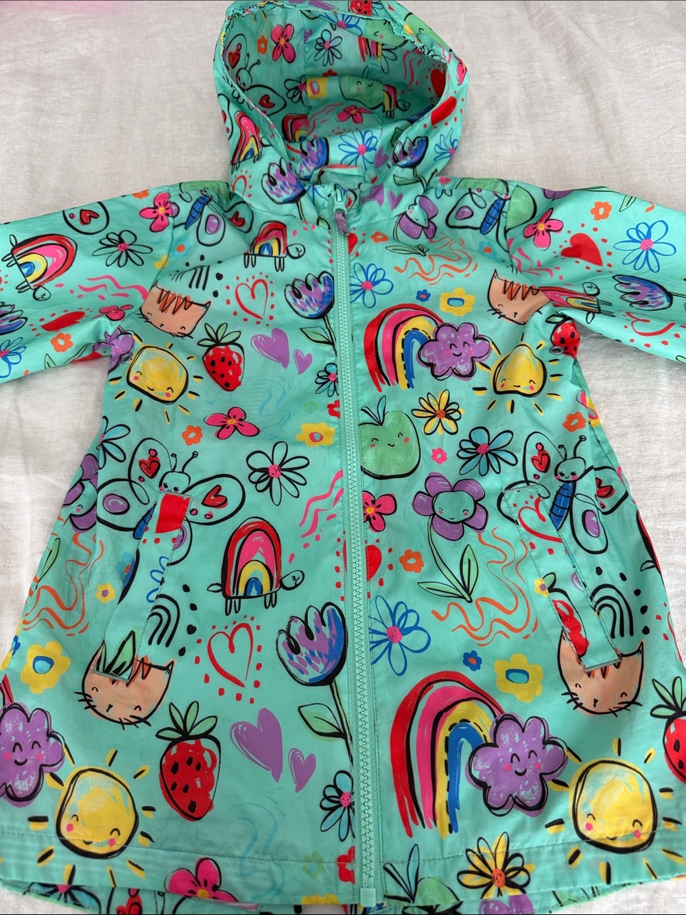 NEXT Mint Green Kids Hooded Raincoat with Rainbow & Floral Print